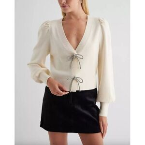 Express ivory off white silver rhinestone jewel sparkle bow cardigan sweater